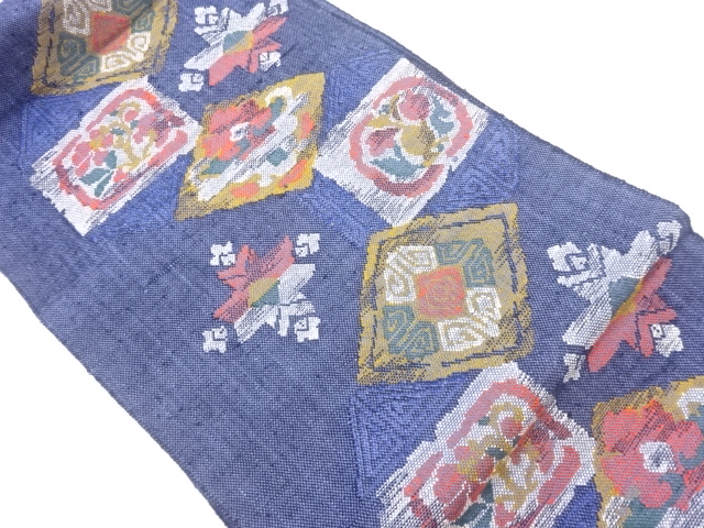 手織り真綿紬菱に色紙・草花模様織出し名古屋帯